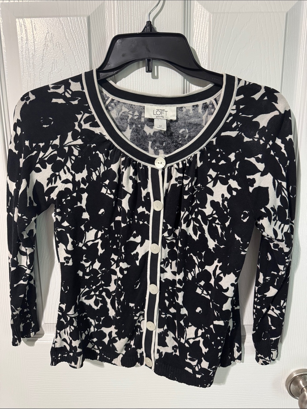 LOFT Silk Black & White Floral Button Cardigan
